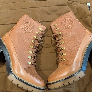 Tory Burch Tan Leather Lace-Up Lug Ankle Boots